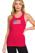 Woman wearing a red tank top with an American flag design on a white background