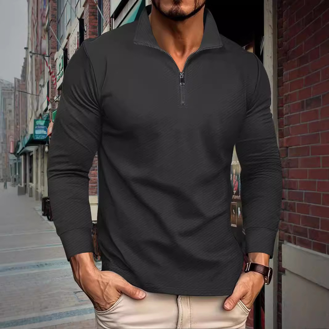 Men's Twill Jacquard Half-Sleeve Zipper Shirt
