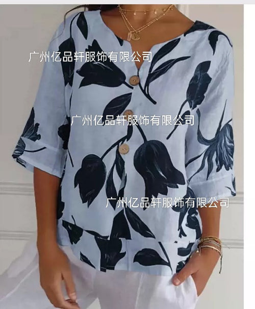 2023 Cotton Linen V-Neck Short Sleeve Shirt