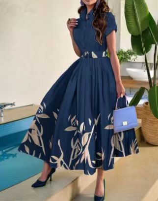 Coastal Garden Button Midi Dress in Navy