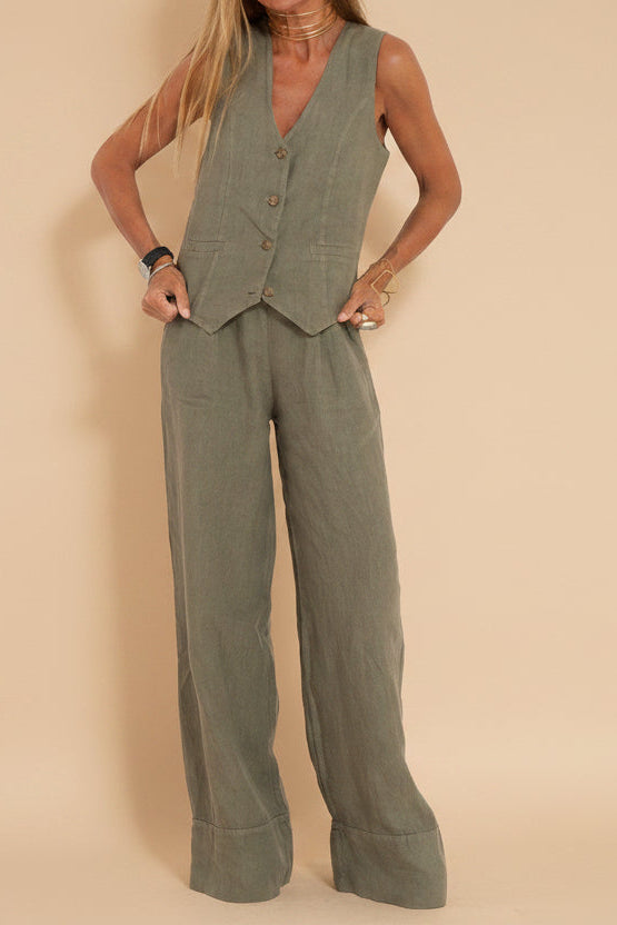 Fashionable Vest and Pants Cotton-Linen Set