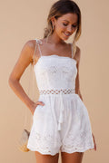 Women's Embroidered Cotton-Linen Romper — Tassel Tie Straps