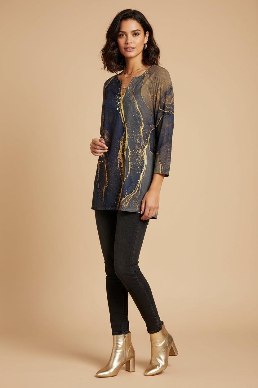 Women's Blue & Gold Geode Print Tunic Top
