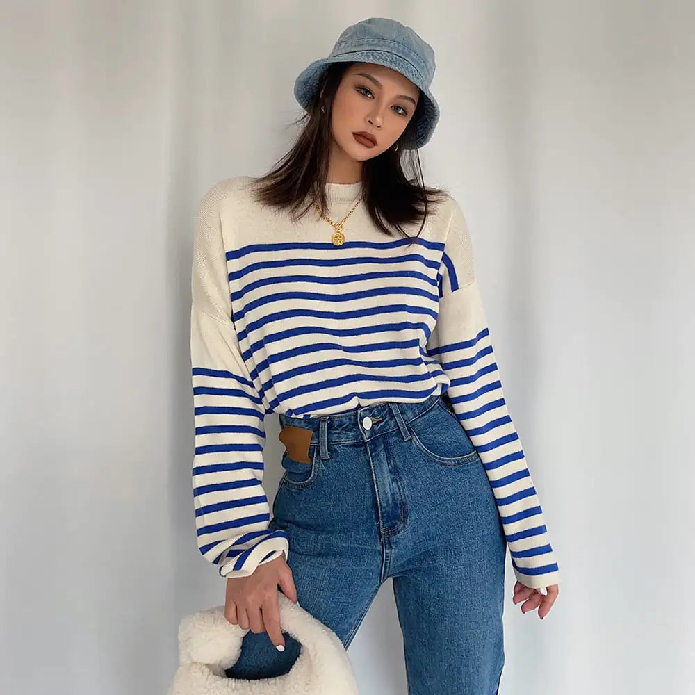 Navy and White Striped Crew-neck Long-sleeve Sweater