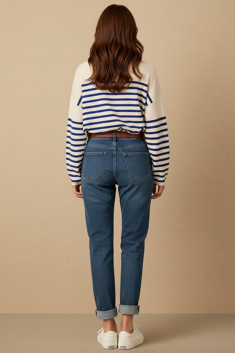 Navy and White Striped Crew-neck Long-sleeve Sweater