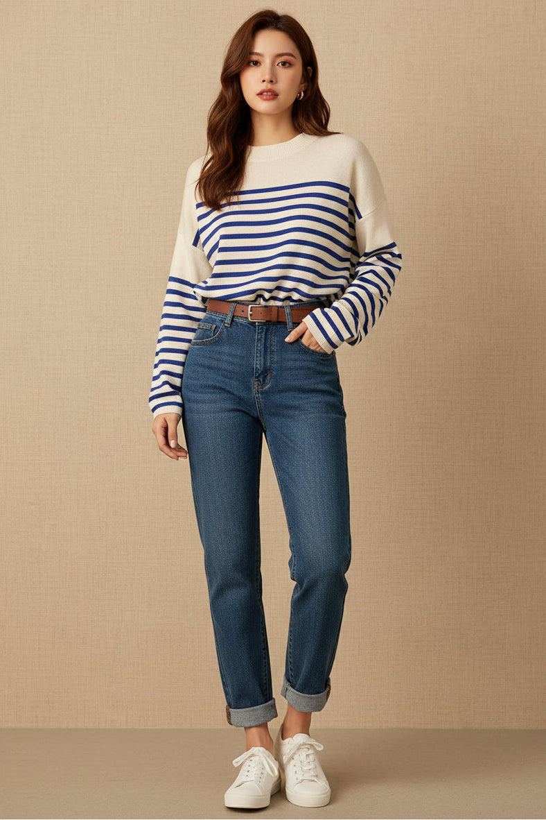 Navy and White Striped Crew-neck Long-sleeve Sweater