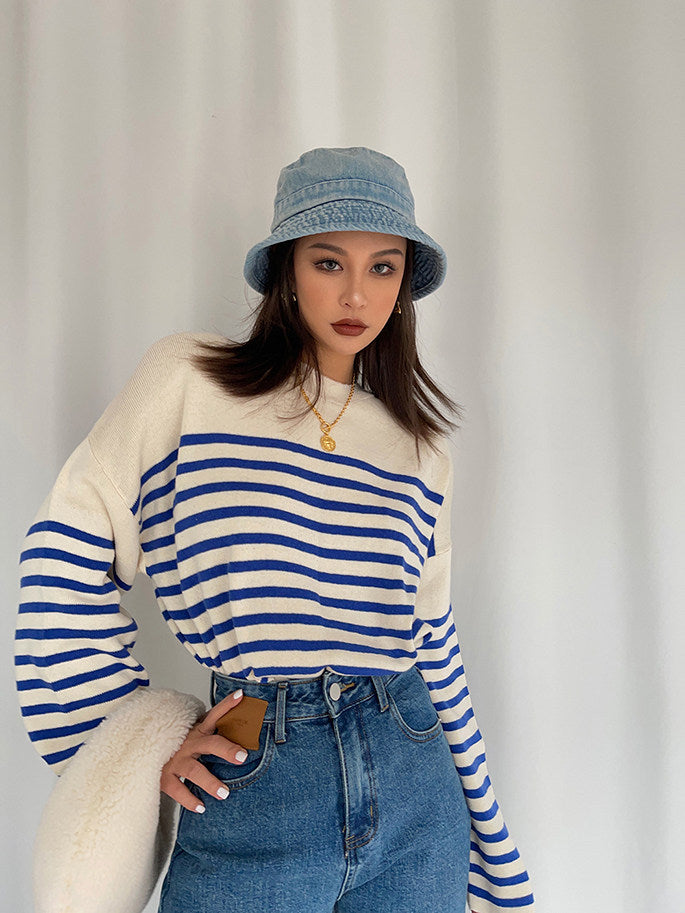 Navy and White Striped Crew-neck Long-sleeve Sweater