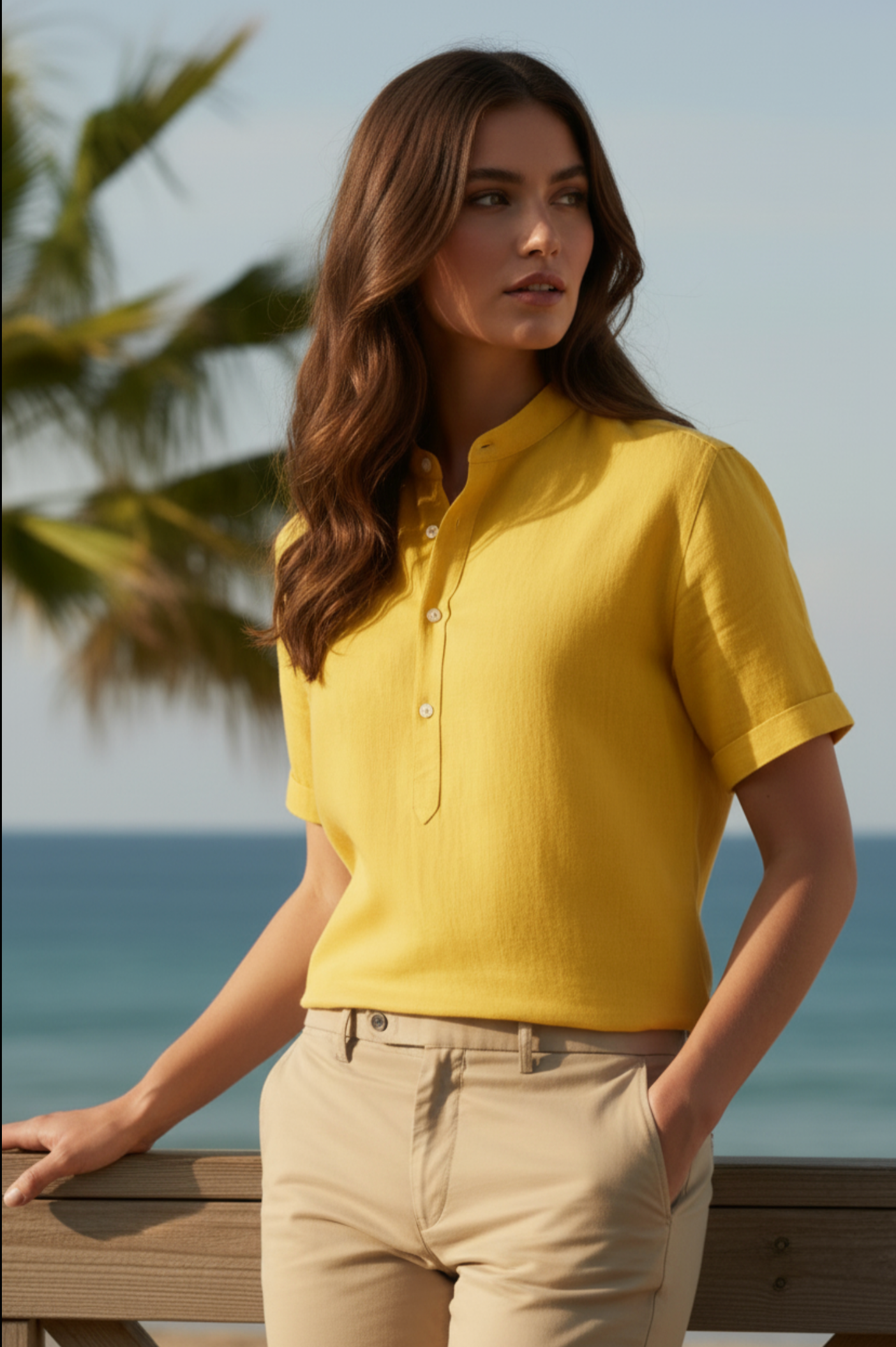 Cotton Linen Stand Collar Short Sleeve Shirt