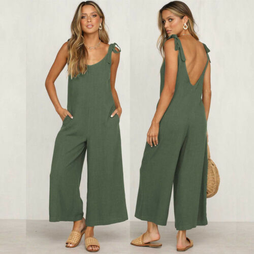 Women's Casual Loose Linen Cotton Backless Jumpsuit