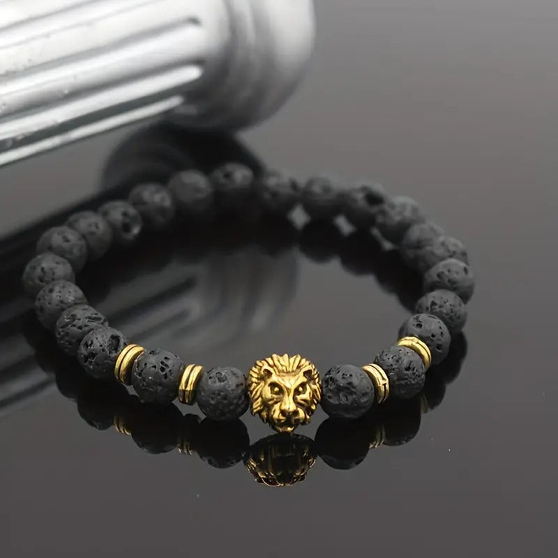 Vintage Lava Stone Bracelet for Men or Women — Gold & Silver