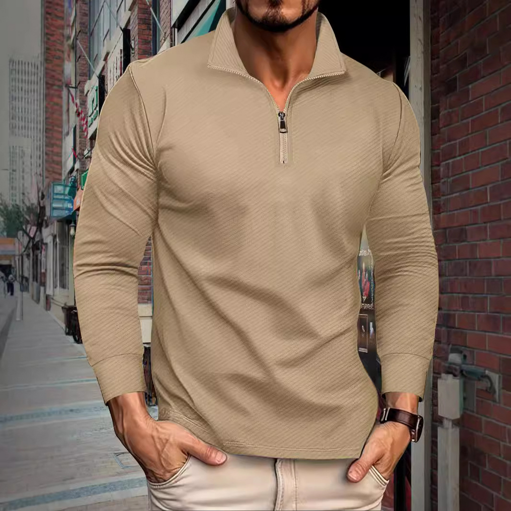 Men's Twill Jacquard Half-Sleeve Zipper Shirt