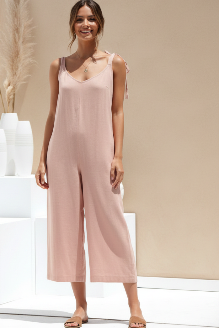 Women's Casual Loose Linen Cotton Backless Jumpsuit