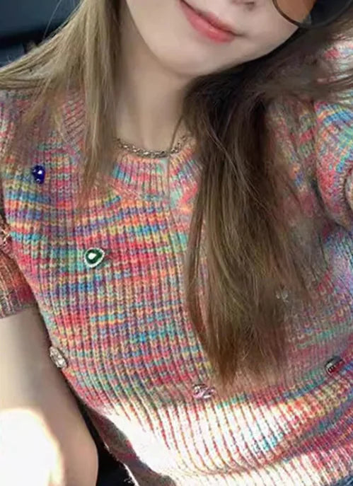 Cherry Embroidered Rainbow Striped Knit Sweater