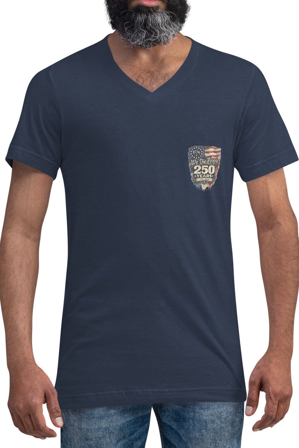Man wearing a navy blue t-shirt 250 years