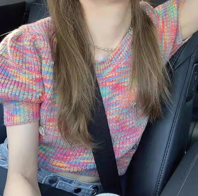 Cherry Embroidered Rainbow Striped Knit Sweater