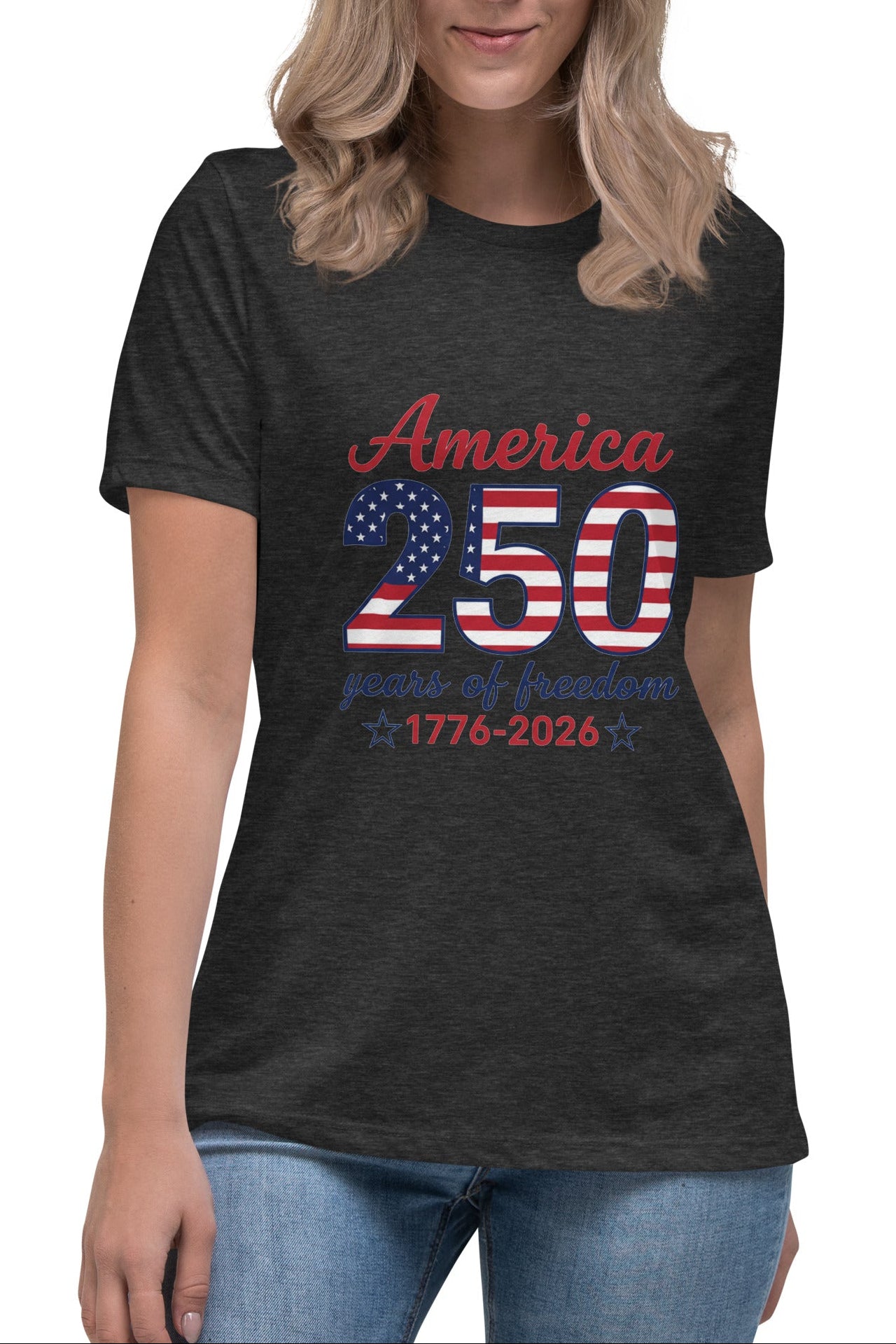 Person wearing a Grey t-shirt with 'America 250' design on a white background