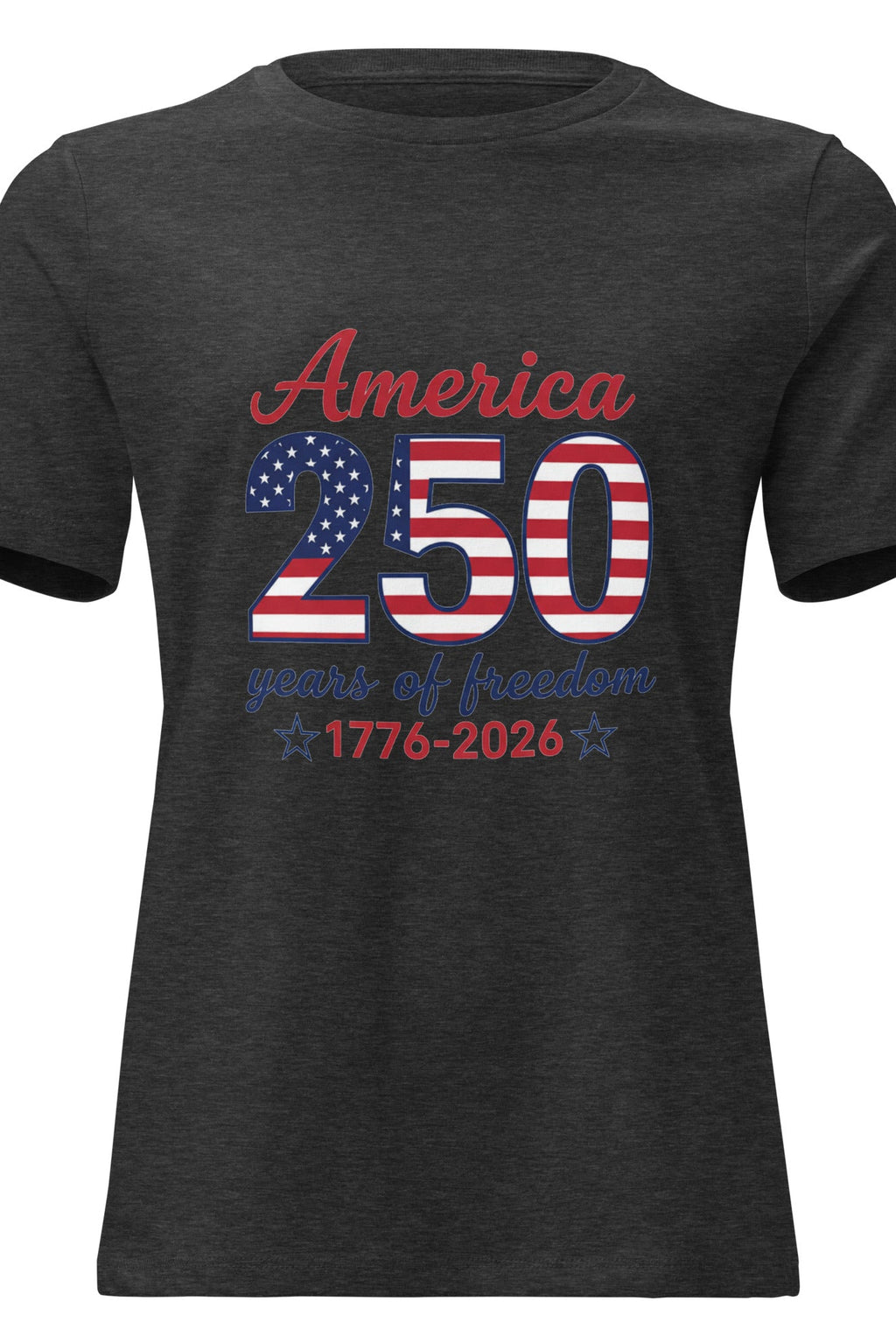 Grey t-shirt with 'America 250 years of freedom' design on a white background