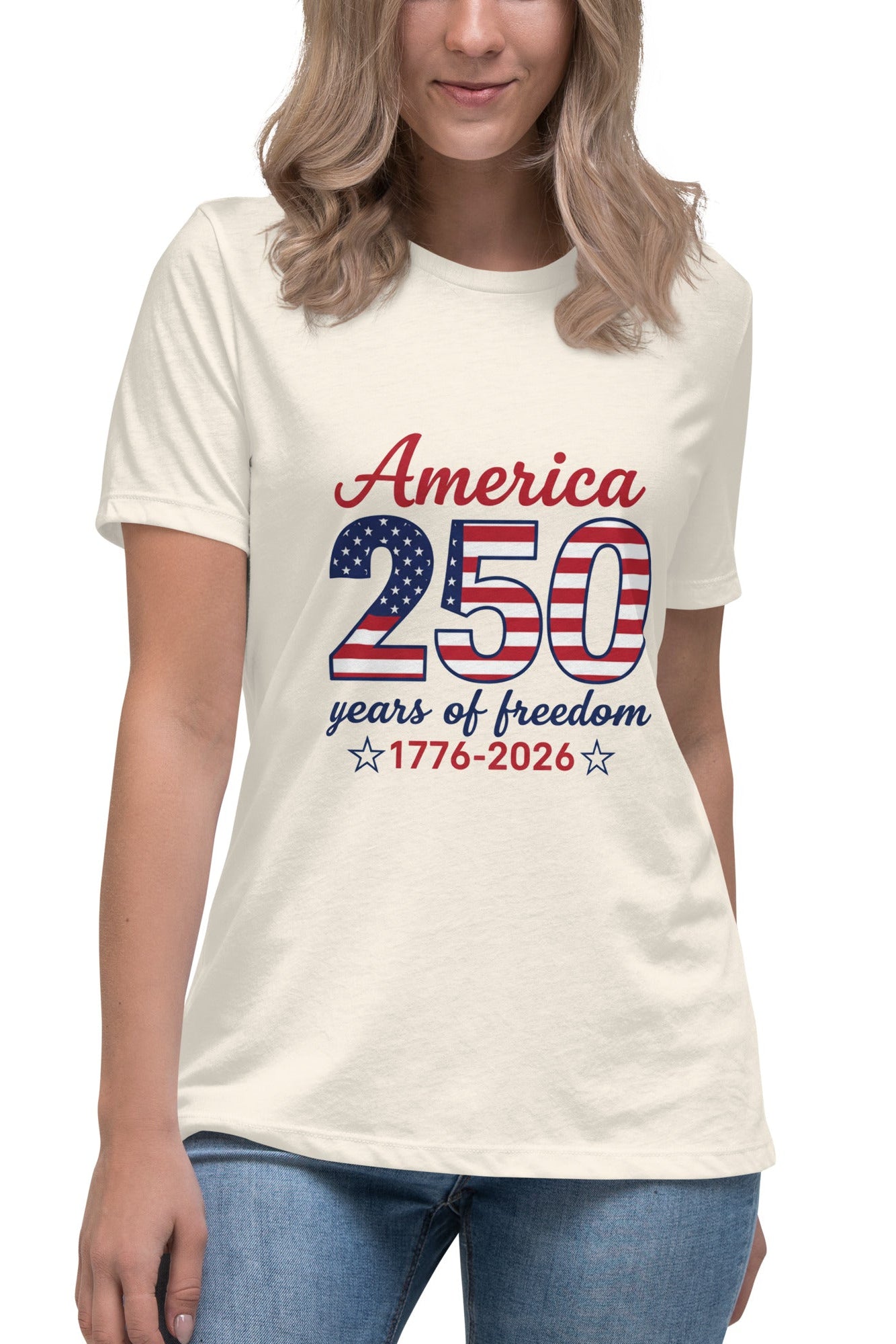 Person wearing a white t-shirt with 'America 250 years of freedom' design on a white background