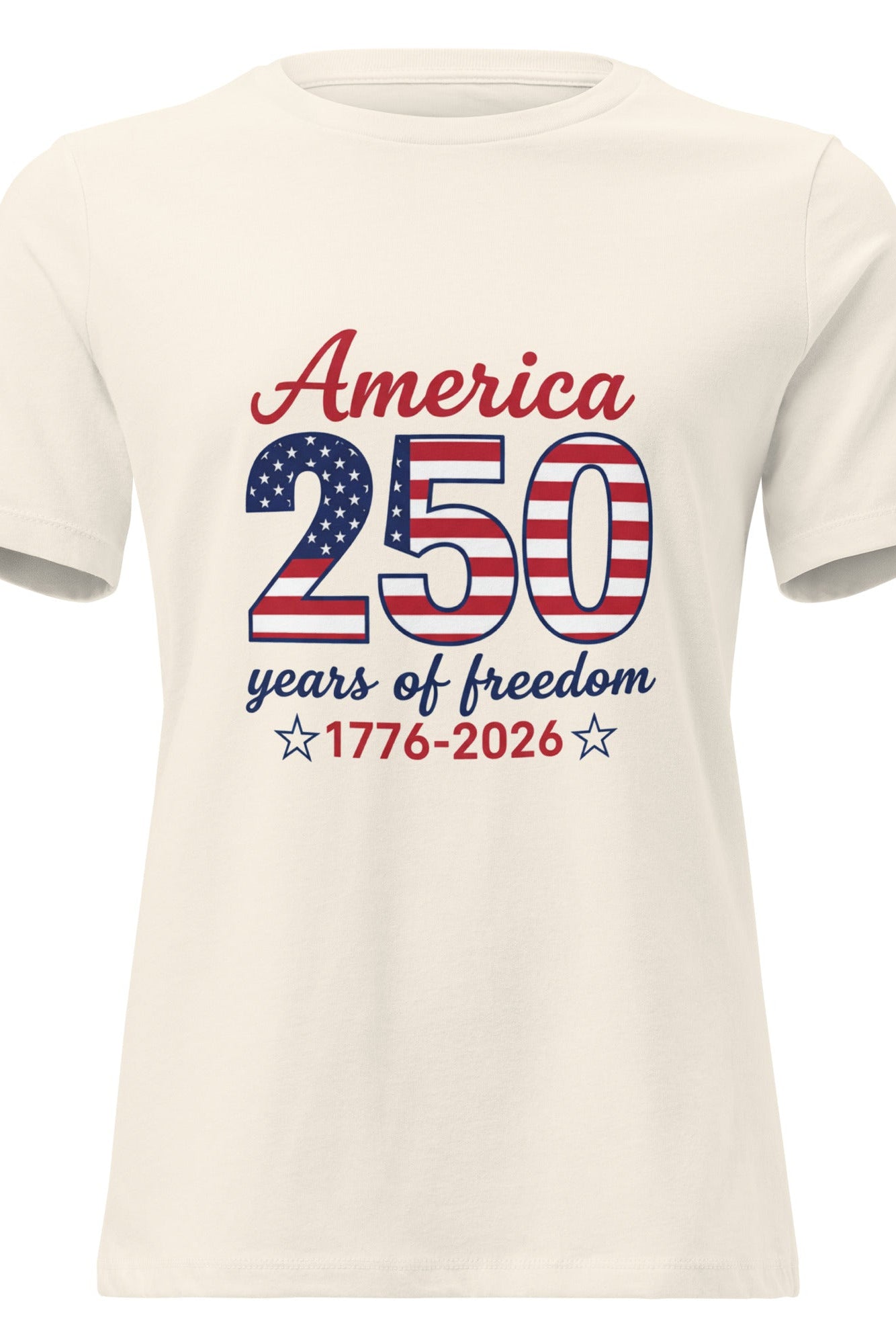 White t-shirt with 'America 250 years of freedom' design on a white background