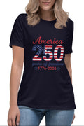 Person wearing a navy t-shirt with 'America 250 years of freedom' text and American flag design.