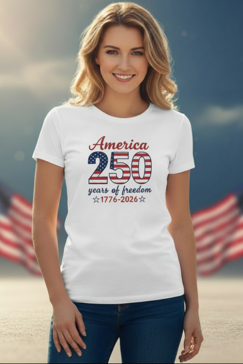 Woman wearing a white t-shirt with 'America 250 years of freedom' design in front of American flags.