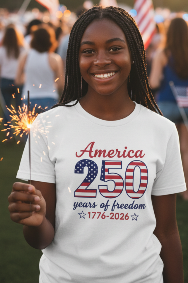 Person wearing a white t-shirt celebrating America's 250th anniversary with a sparkler.