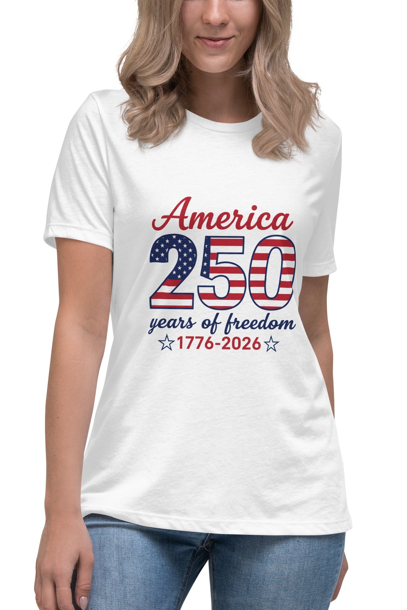 Person wearing a white t-shirt with 'America 250 years of freedom' design on a white background