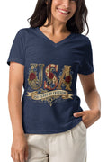 Woman wearing a blue t-shirt with text 250 years of freedom 