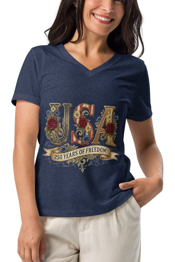 Woman wearing a blue t-shirt with text 250 years of freedom 