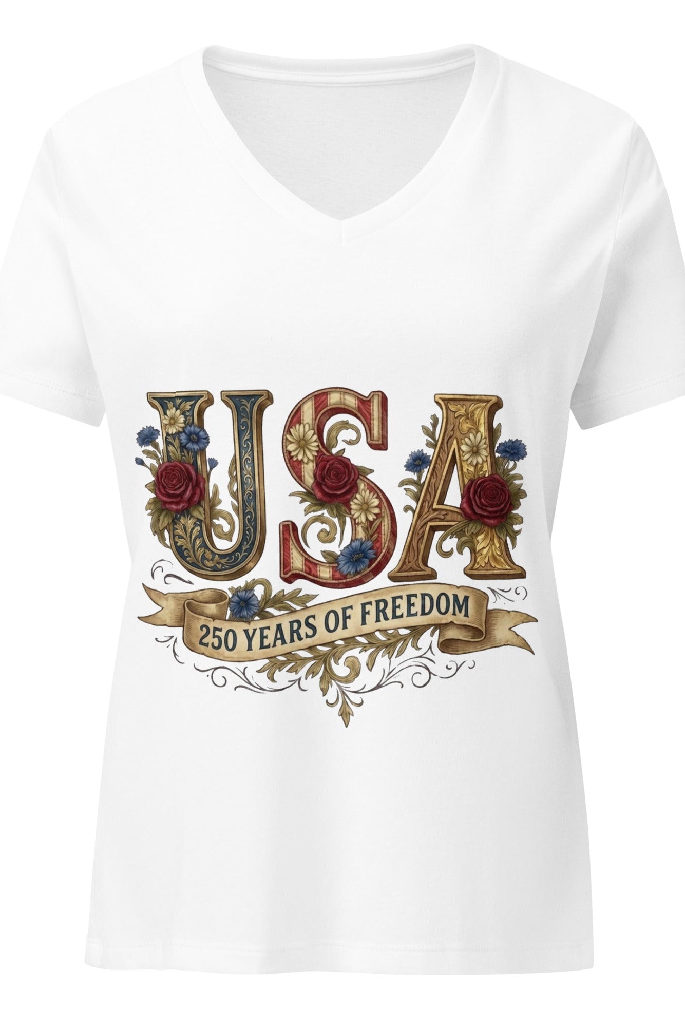 White t-shirt with 'USA 250 Years of Freedom' design on a white background
