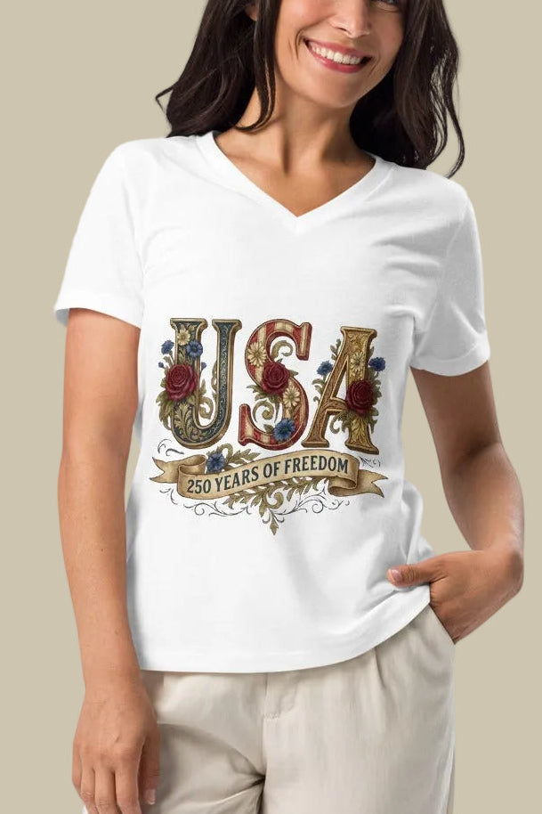Woman wearing a white t-shirt with 'USA' text on a white background